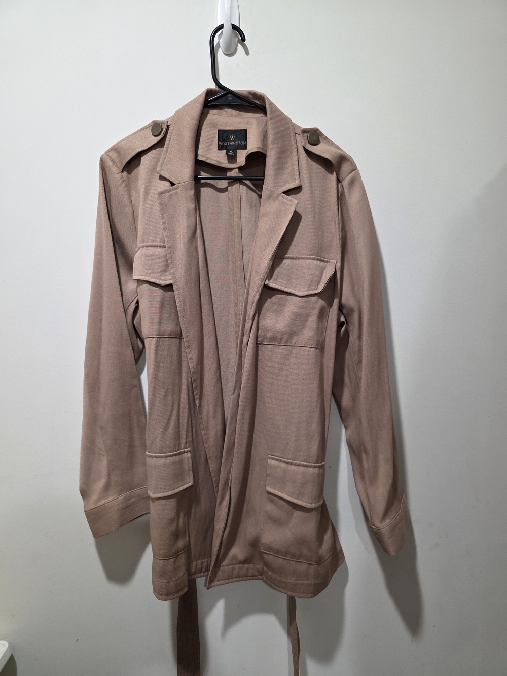 Worthington Women's Beige XL Belted Mid-Length Jacket Tie Closure Collared